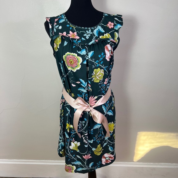 LOFT Petites Floral Print Sleeveless Dress Green Pink Blue Casual, Size MP - Picture 1 of 10